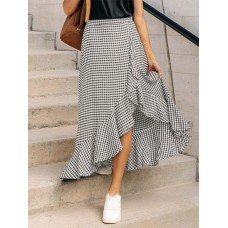 Women Mid  Calf Length Ruffle Pleated Irregular Hem Plaid Splicing Skirt