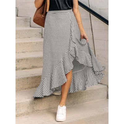 Women Mid  Calf Length Ruffle Pleated Irregular Hem Plaid Splicing Skirt