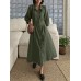 Solid Button Pleated 3 4 Sleeve Lapel Knotted Shirt Dress