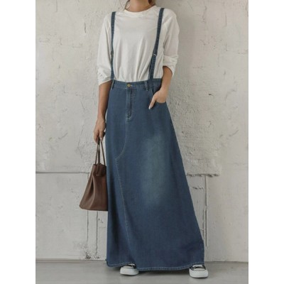 Women Denim Buttons Zipper Side Pockets Ankle Length Casual Skirts