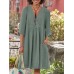 Solid Pocket V  neck 3 4 Sleeve Vintage Dress