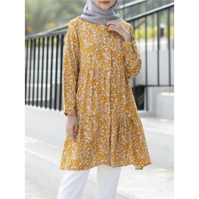 Women Bohemian Floral Print Ruffles Hem Long Sleeve Kaftan Tunic Loose Shirts