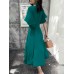 Women Solid A  line Pleated V  neck Dolman Sleeve Dress