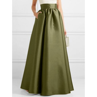 High Waist A  line Solid Satin Pocket Swing Skirt