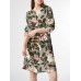 Allover Flower Leaves Print V  neck 3 4 Sleeve Dress