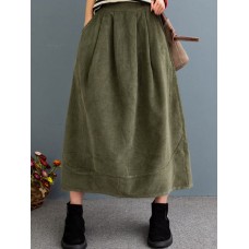 Women Corduroy Solid Elastic Waist Leisure Skirt With Side Pockets