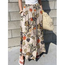 Women Floral Print Elastic Waist Pleated Casual Wide Leg Pants With Pocket