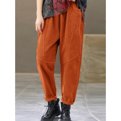 Women Corduroy Elastic Waist Side Pockets Solid Color Ankle Length Casual Pants