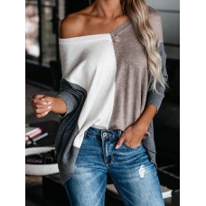 Women Patchwork Colorblock Drop Sleeve V  Neck Loose Daily Sweater