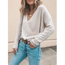 Women V  Neck Solid Color Long Sleeve Loose Knitted Sweaters