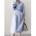 Stripe Pocket Belt Slit Hem Long Sleeve Stand Collar Dress