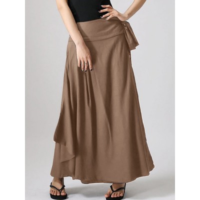 Solid Pocket Knotted Pleated Cotton Casual Skirt