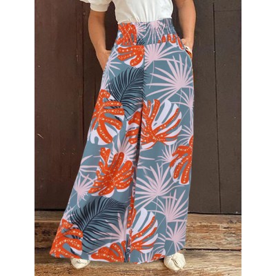 Woman Elastic Waist Floral Preppy Style 100  Polyester Loose Pants