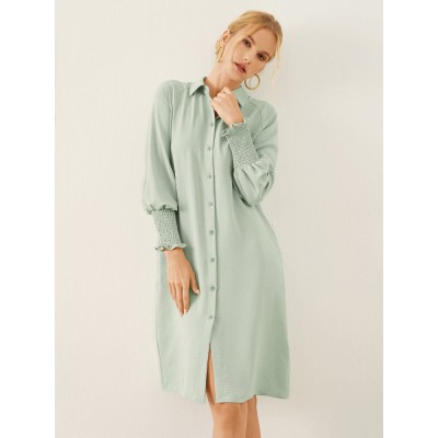 Solid Shirred Long Sleeve Button Lapel Shirt Dress