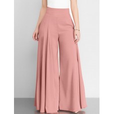 Women Solid Color High Waist Zipper Wide Leg Pants With Pocket