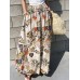 Women Floral Print Elastic Waist Pleated Casual Wide Leg Pants With Pocket