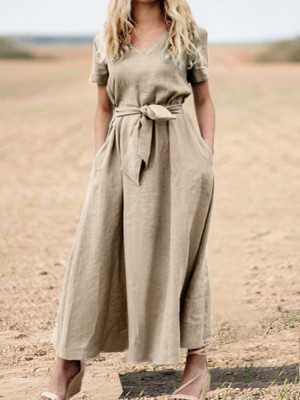 Solid Pocket Sash Short Sleeve Cotton Casual Maxi Dress