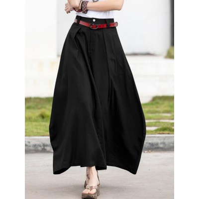 Leisure Solid Button Ruched Zip Pocket Casual Maxi Skirt