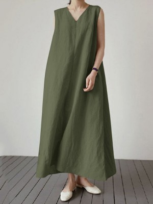 Solid V Neck Sleeveless Casual Cotton Maxi Dress