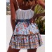 Ethnic Women Elastic Waist Floral Ruffle Pleated Printed Mini Short Skirts