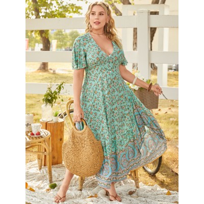 Plus Size V  neck Tribal Button Design Short Sleeves Maxi Dress