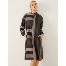 Stripe Pattern Stand Collar Button Long Sleeve Dress