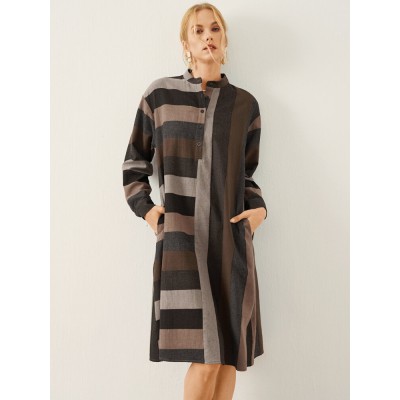 Stripe Pattern Stand Collar Button Long Sleeve Dress