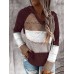 Women Autumn Stripe Print V  neck Hooded Daily Casual Knitted Sweater