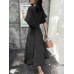 Women Solid A  line Pleated V  neck Dolman Sleeve Dress