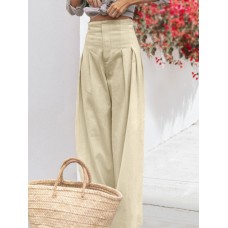 Women High Waist Solid Color Loose Pleated Casual Wide Leg Pants