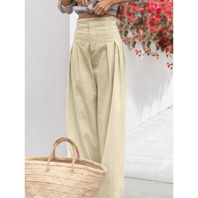 Women High Waist Solid Color Loose Pleated Casual Wide Leg Pants