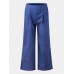 Women Solid Color Side Split Cuffs Elastic Mid Waist Long Wide Leg Pants With Pockets