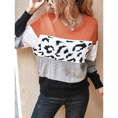 Women Color Block   Leopard Round Neck Long Sleeve Casual Sweaters