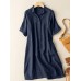 Solid Button Front Short Sleeve Lapel Shirt Dress