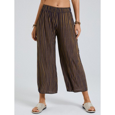 Striped Print Elastic Waist Wide Leg Lounge Pants For Women