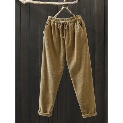 Women Corduroy Solid Simple Vintage Drawstring Elastic Waist Pants