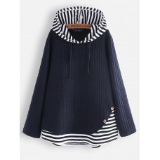 Jacquard Striped Patchwork Button Knit Hooded Sweatshirt